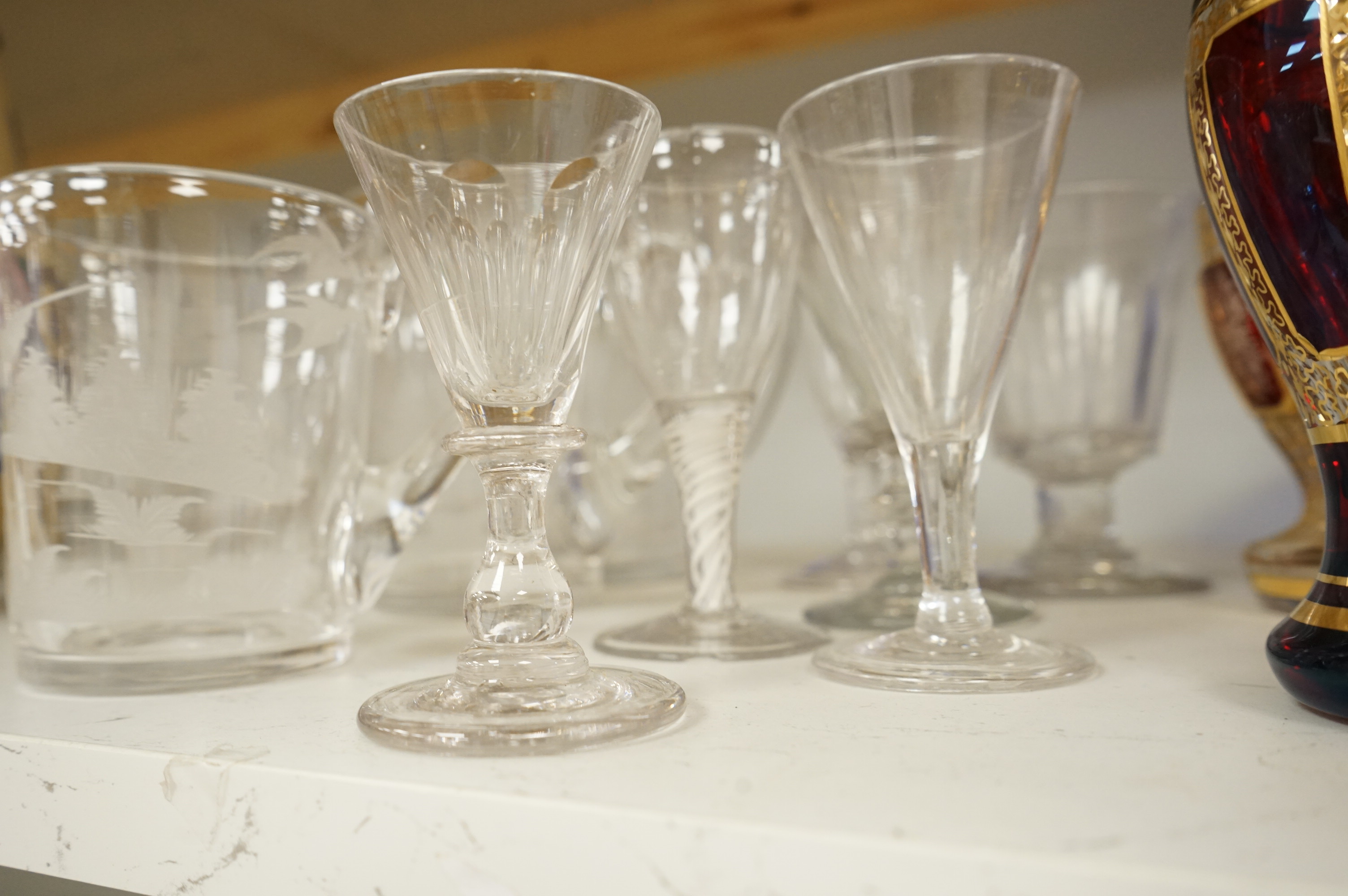 18th century and later glassware including a pair of ‘Bristol’ blue decanters